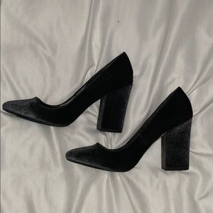 Grey velvet block heels